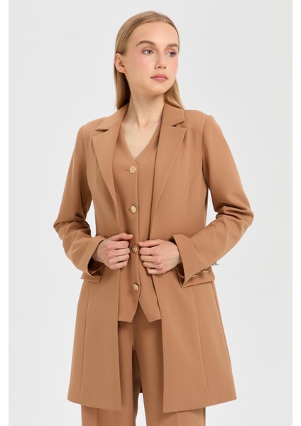 Yelek Ceket Pantolon Takım Camel