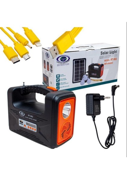 Siyah RT-902 Güneş Enerjili Solar Şarjlı Bluetoothlu Mp3-Radyolu Çadır Kamp Aydınlatma Fener Seti S
