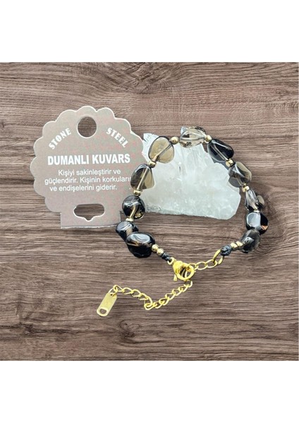 Sertifikalı Dumanlı Kuvars Taşı Tımbıl Kesim Natural Doğaltaş Ayarlanabilir Bileklik