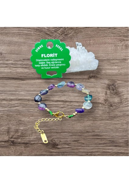 Sertifikalı Florit Taşı Tımbıl Kesim Natural Doğaltaş Ayarlanabilir Bileklik