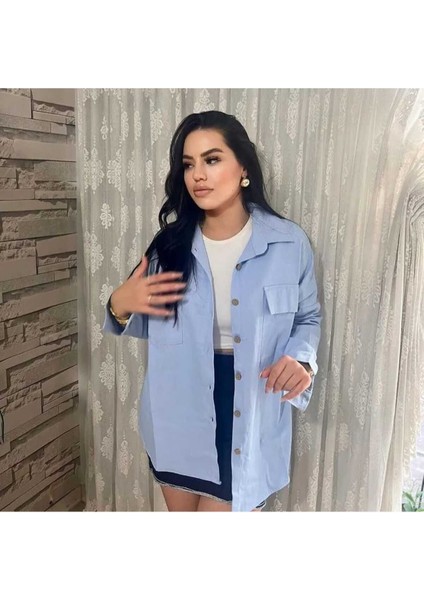 Çift Kapaklı Cep Oversize Gabardin Gömlek