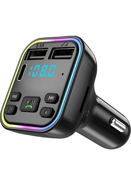 NR54 Rgb Renkli Fm Radyo Transmitter Mp3 Çalar Bluetooth 5.0 Çakmaklık Type-C Hızlı Şarj Aleti