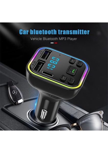 NR54 Rgb Renkli Fm Radyo Transmitter Mp3 Çalar Bluetooth 5.0 Çakmaklık Type-C Hızlı Şarj Aleti