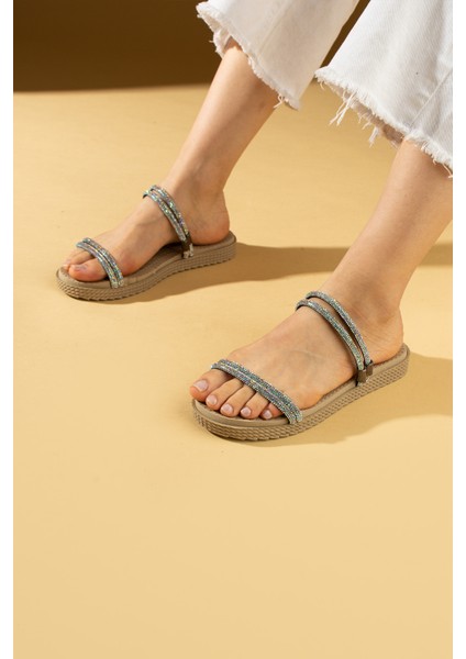 Parlak Taşlı Ince Bantlı Hasır Taban Comfort Kadın Sandalet 020-755-24 modelleri