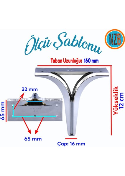Mobilya Kanepe Sehpa Tv Ünitesi Çekyat Yükseltici Koltuk Ayağı Baza Ayak Krom 12 cm
