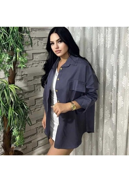 Çift Kapaklı Cep Oversize Gabardin Gömlek