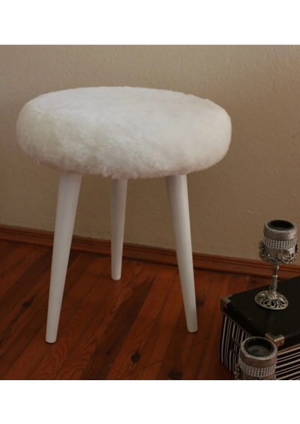 Gürgen Ahşap Retro Ayak Dekoratif Beyaz Peluş Puf Tabure Bench Koltuk Sandalye