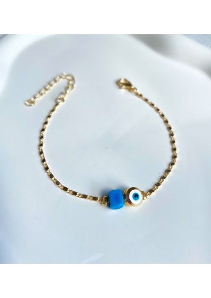Kadın Bileklik Özel Kaplama Mavi Taş Nazar Boncuk Bileklik