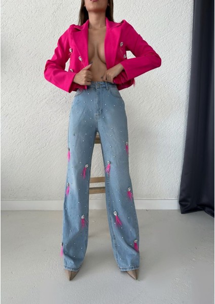 Kadın Beyaz Mom Jeans Dokuma Ceket Astarlı Taş ve Püskül Kombin Tasarım alt-Üst takım