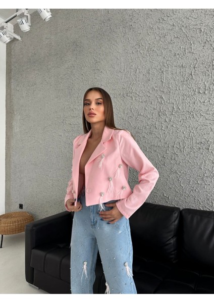 Kadın Beyaz Mom Jeans Dokuma Ceket Astarlı Taş ve Püskül Kombin Tasarım alt-Üst takım