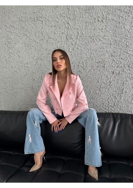 Kadın Beyaz Mom Jeans Dokuma Ceket Astarlı Taş ve Püskül Kombin Tasarım alt-Üst takım