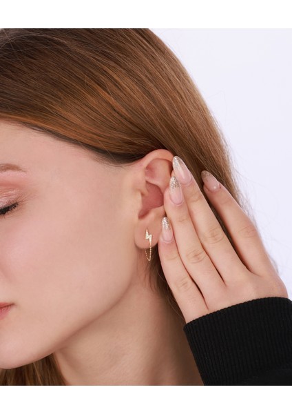 Şimşek Motifli Zincirli Gümüş Küpe - Gold Renk