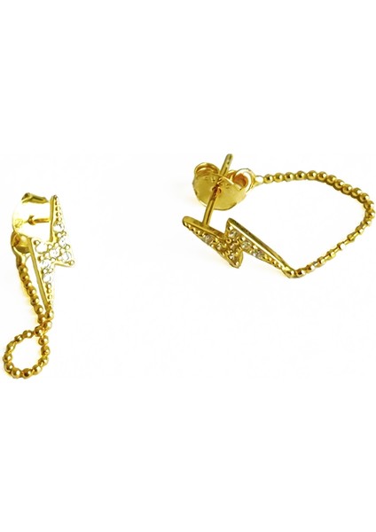 Şimşek Motifli Zincirli Gümüş Küpe - Gold Renk modelleri