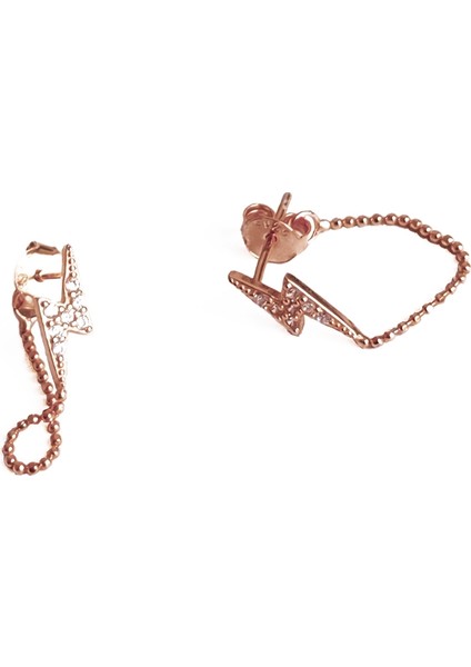 Şimşek Motifli Zincirli Gümüş Küpe - Rose Renk