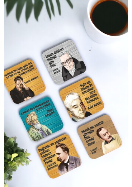 Major Selection Nazım Hikmet, Yaşar Kemal, Aziz Nesi Edebiyat Temalı 6lı Ahşap Bardak Altlığı Seti