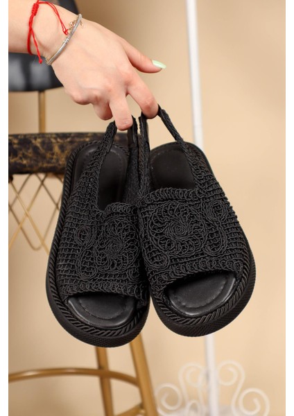 Lastikli Örgü Sandalet SİYAH