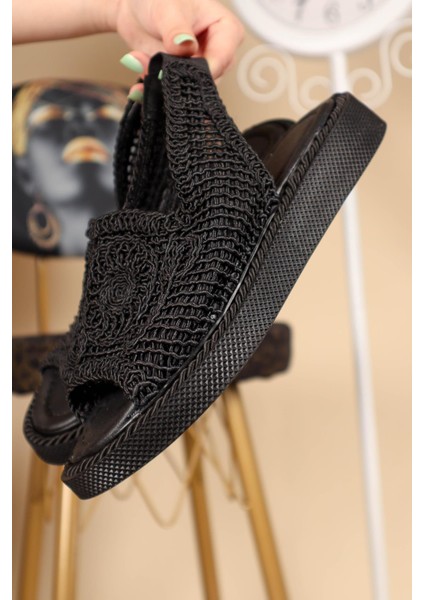 Lastikli Örgü Sandalet SİYAH