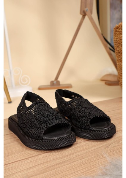 Lastikli Örgü Sandalet SİYAH
