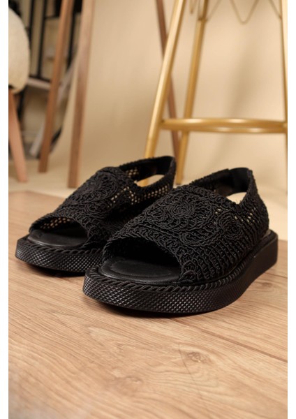 Lastikli Örgü Sandalet SİYAH