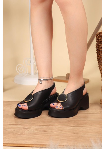 %100 Hakiki Deri Yuvarlak Tokalı Kalın Taban Sandalet SİYAH modelleri