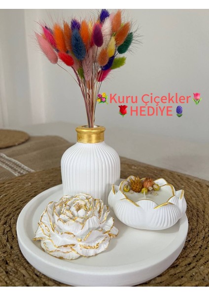 Love Candle Dekor Altın Vazo Seti, 5’li Vazo Seti, Mumlu Vazo Seti, Kuru Çiçekler Hediye