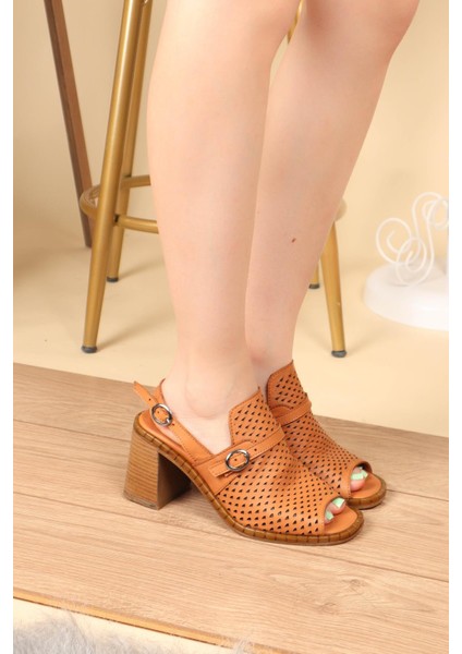 Deri Lazerli Topuklu Ayakkabı Taba modelleri