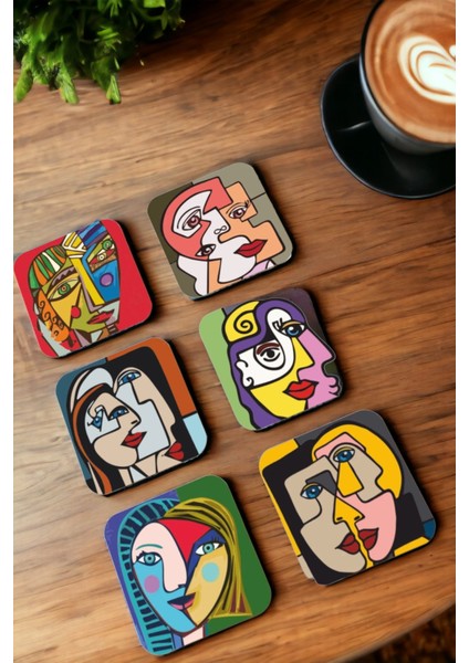 Major Selection Picasso Tarz Modern 6lı Ahşap Bardak Altlığı Seti