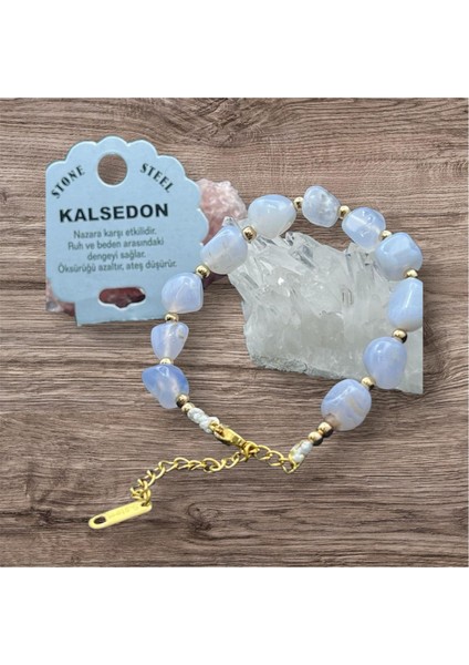 Sertifikalı Kalsedon Taşı Tımbıl Kesim Natural Doğaltaş Ayarlanabilir Bileklik