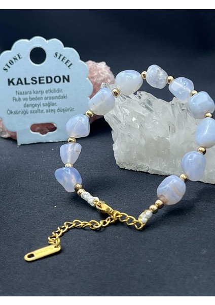 Sertifikalı Kalsedon Taşı Tımbıl Kesim Natural Doğaltaş Ayarlanabilir Bileklik modelleri