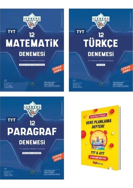 TYT İceberg 12 Matematik Denemesi - 12 Türkçe Denemesi - 12 Paragraf Denemesi + Ders Planlama Defteri