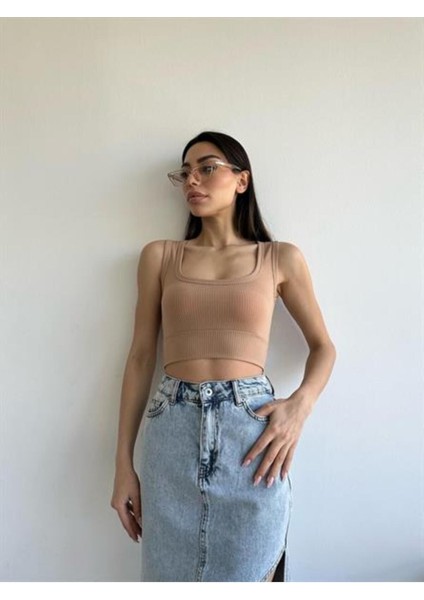 Kare Yaka Kalın Askı Triko Crop Vizon fiyatları