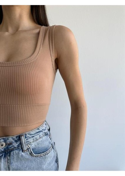 Kare Yaka Kalın Askı Triko Crop Vizon modelleri