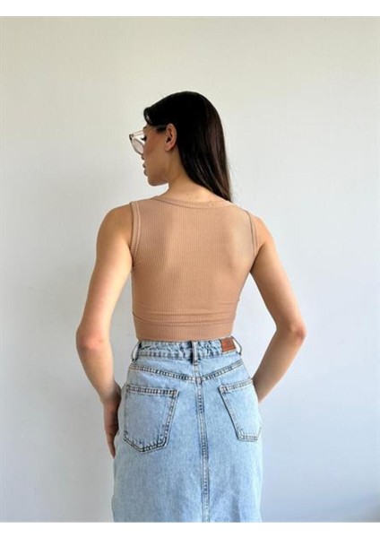 Kare Yaka Kalın Askı Triko Crop Vizon fırsatları