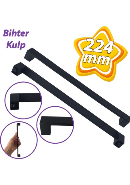 Bihter Düz Kulp 224 mm Siyah Mutfak Kulpu Çekmece Dolap Kapak Kulbu Metal Mobilya Dolabı Kulpları