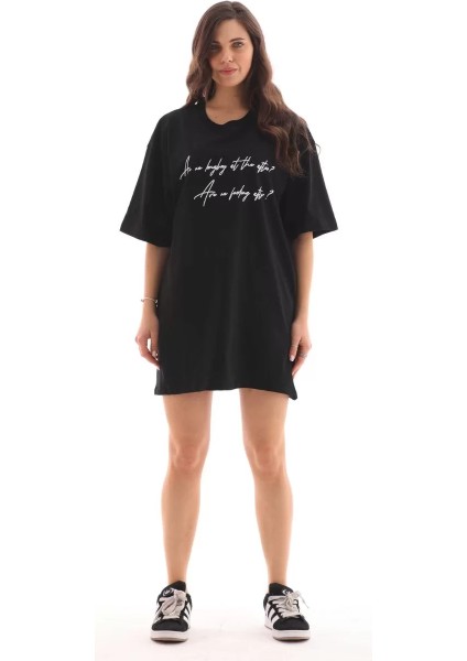 Unisex Bisiklet Yaka Baskılı Oversize T-Shirt - Siyah