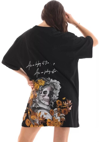 Unisex Bisiklet Yaka Baskılı Oversize T-Shirt - Siyah