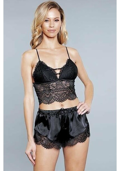 For Dreams Kadın Siyah Dantelli Büstiyer Şort Takım 8299 L