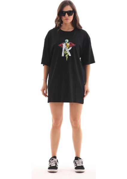 Unisex Bisiklet Yaka Baskılı Oversize T-Shirt - Siyah