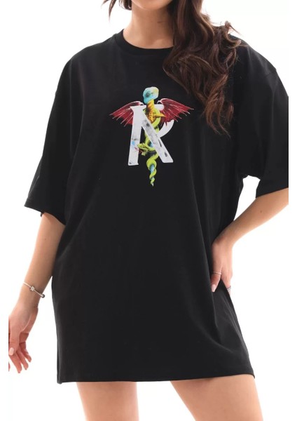 Unisex Bisiklet Yaka Baskılı Oversize T-Shirt - Siyah indirimleri