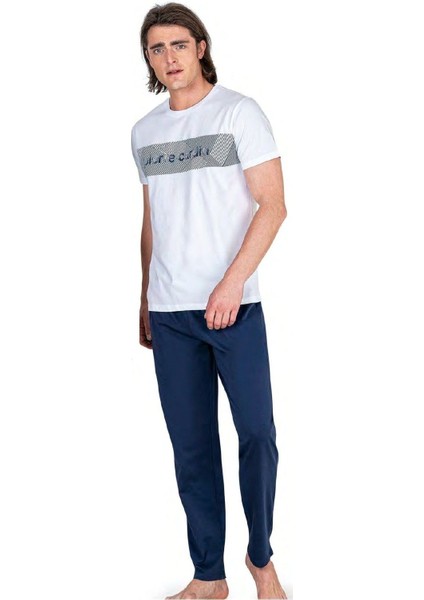 6050 Erkek Kısa Kollu Penye Pijama Takımı-Beyaz L