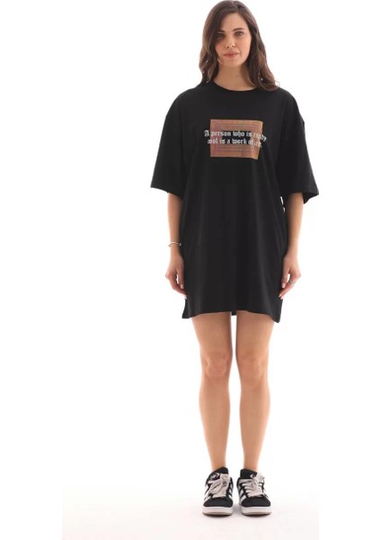 Unisex Bisiklet Yaka Baskılı Oversize T-Shirt - Siyah fiyatları