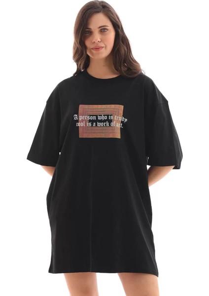 Unisex Bisiklet Yaka Baskılı Oversize T-Shirt - Siyah fırsatları