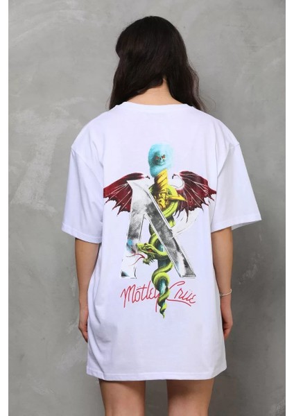 Unisex Bisiklet Yaka Baskılı Oversize T-Shirt - Beyaz modelleri