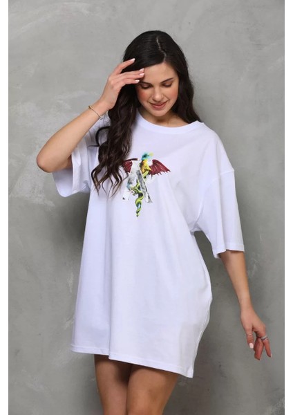 Unisex Bisiklet Yaka Baskılı Oversize T-Shirt - Beyaz indirimleri