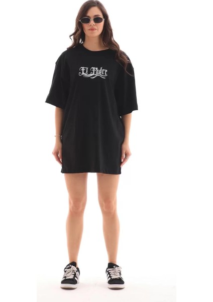 Unisex Bisiklet Yaka Baskılı Oversize T-Shirt - Siyah