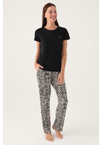 Buttoned Siyah Kadın Kısa Kol Pijama Takımı 8788
