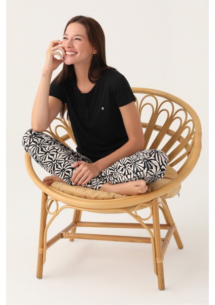 Buttoned Siyah Kadın Kısa Kol Pijama Takımı 8788 modelleri