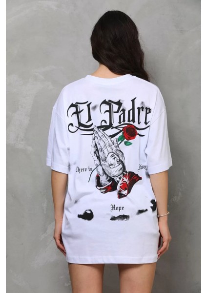 Unisex Bisiklet Yaka Baskılı Oversize T-Shirt - Beyaz modelleri