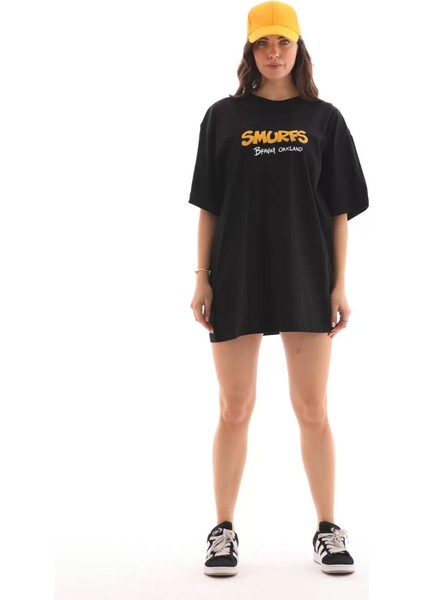 Unisex Bisiklet Yaka Baskılı Oversize T-Shirt - Siyah