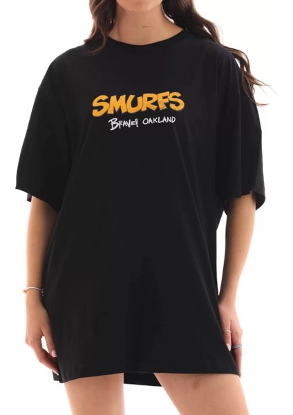 Unisex Bisiklet Yaka Baskılı Oversize T-Shirt - Siyah modelleri